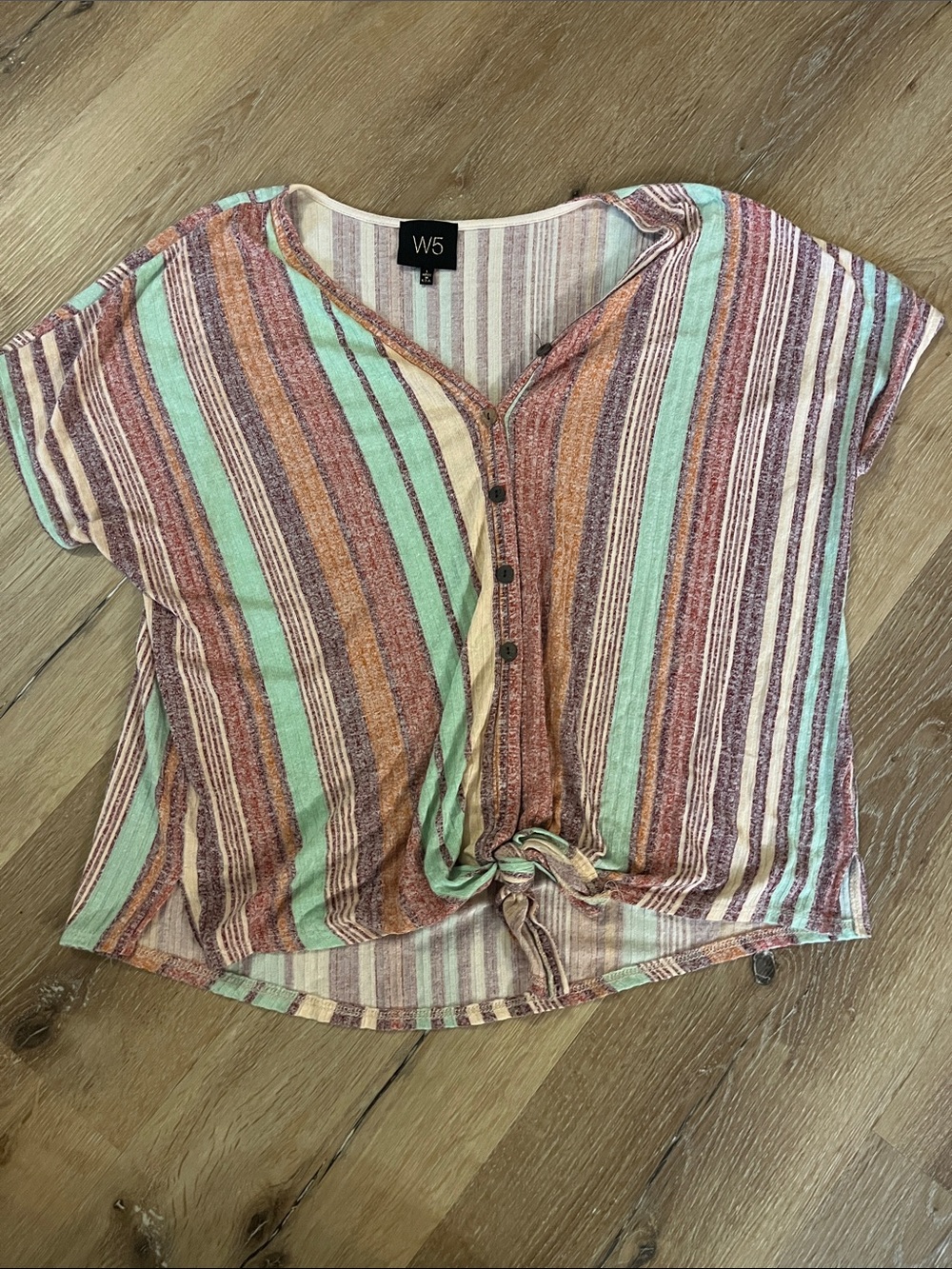 W5 Multicolor Striped Button-Front Tie-Hem Top in Mint, Rust & Purple